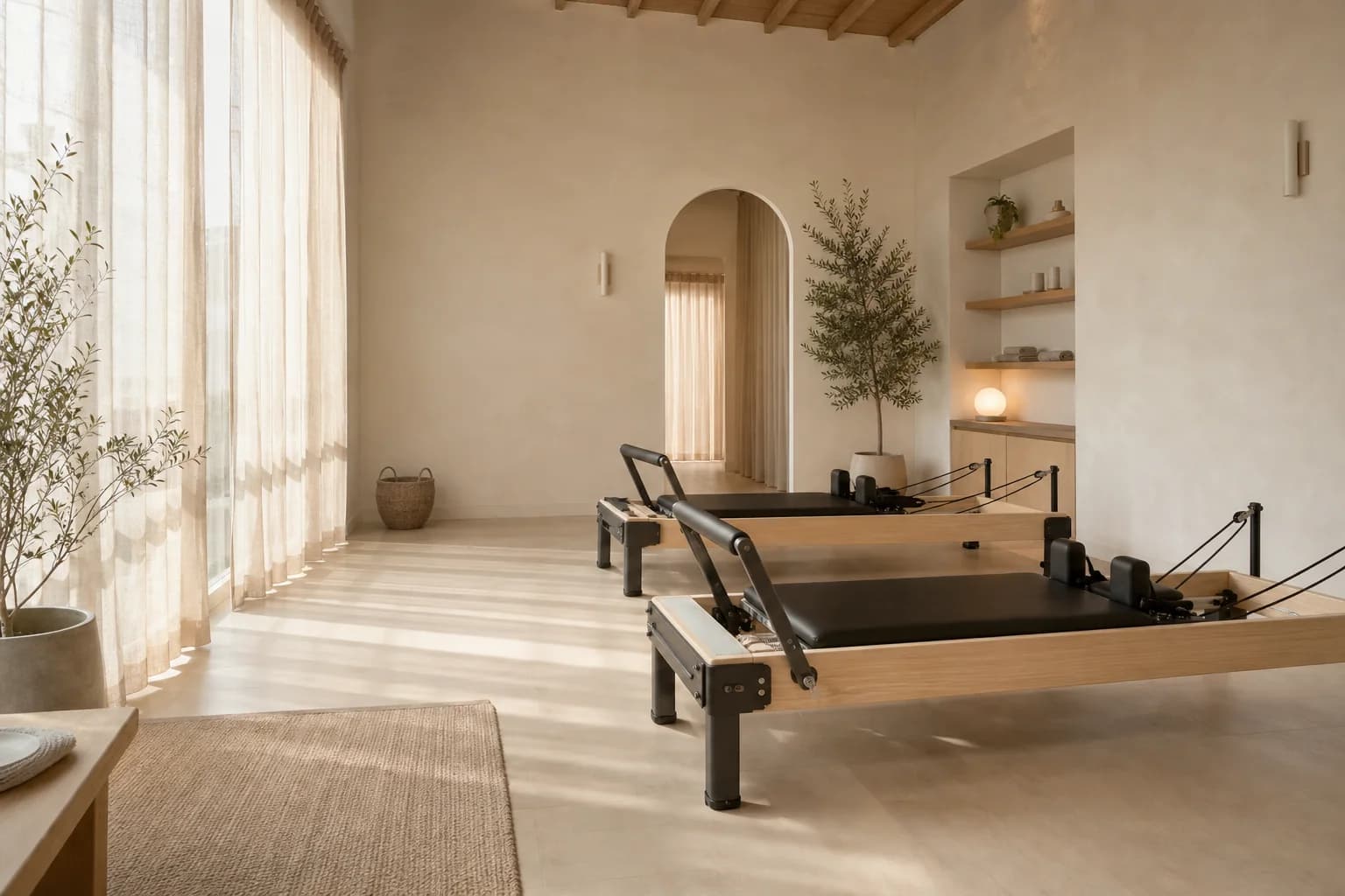 Warm, light-filled Pilates setting with two reformers.
