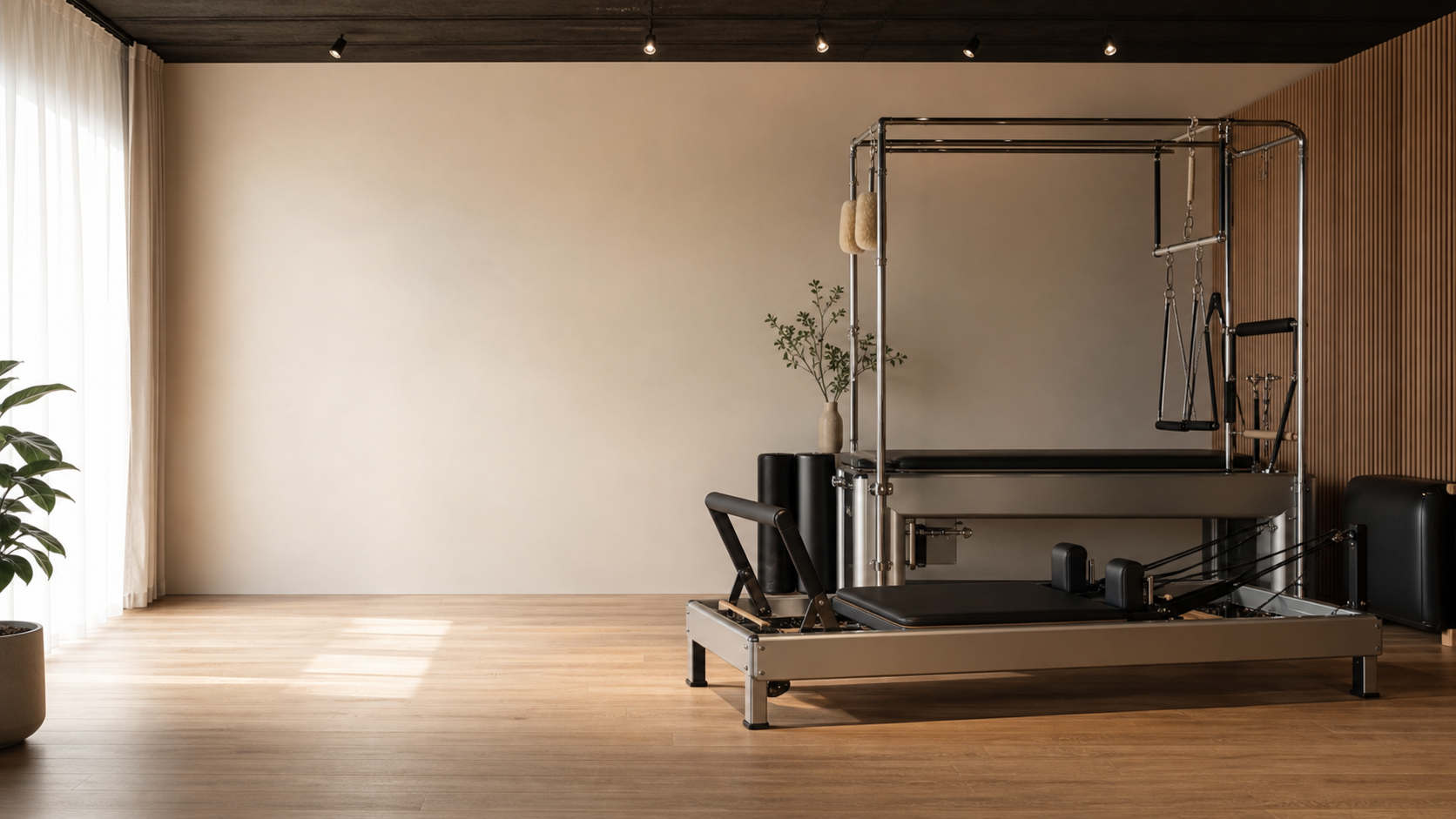 Classical Pilates apparatus in a quiet private studio.